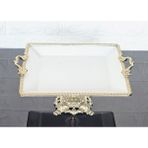 atabey home Porselen Büyük Sade Kare Servis Tabaği-Sunumluk Döküm Gold Çerçeve Ve Ayakli 27Cm
