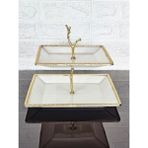 atabey home Porselen Kare Döküm Gold Çerçeveli 2 Katli Kurabiyelik Sade 22+27 Cm