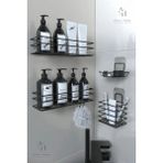 Atacı Home Paslanmaz Yapışkanlı Siyah Metal Banyo Düzenleyici 4'lü Set Kancalı Duş ve Sabunluk Rafı