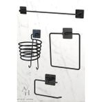 Atacı Home Yapışkanlı 4'lü Siyah Fön Makinesi Askısı Havlu Askısı Wc Tuvalet Kağıtlık Kare Havluluk Banyo Set