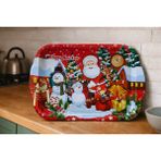 Atagift Hediyelik Happy New Year Temalı Büyük Boy 35X20 cm Metal Sunum Tepsisi – Kırmızı Zeminli Noel Baba & Kardan Adam Desenli Yılbaşı Tepsisi