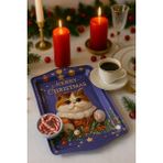 Atagift Hediyelik Merry Christmas Kedicik Temalı Metal Kahve & Tatlı Sunum Tepsisi 25 x 16CM Küçük Boy - Mavi - Beyaz