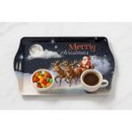 Atagift Hediyelik Merry Christmas Noel Baba & Geyik Desenli Küçük Boy 25X 16 cm Metal Tepsi – Yılbaşı Kahve ve Ikram Sunum Tepsisi - Lacivert - Beyaz
