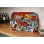 Atagift Hediyelik Yılbaşı Temalı Noel Baba & Kardan Adam Geyik Desenli Büyük Boy 35X20 cm Metal Sunum Tepsisi –çay Kahvetepsisi - Kırmızı