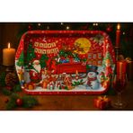 Atagift Hediyelik Yılbaşı Temalı Şeker Arabalı Küçük Boy 25X16 cm Metal Sunum Tepsisi – Kırmızı Zeminli Noel Baba & Kış Masalı Desenli Happy New Year Tepsi