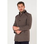 AtakGiyim Erkek Slim Fit Kırçıllı Kahve Hakim Yaka Omuz Detaylı Kaşe Kaban