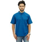 Atasi Kurta Mandarin Yaka Pamuklu Cam Göbeği Mavisi Erkek Gömlek