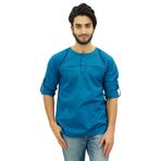 Atasi Kurta Yuvarlak Yaka Pamuklu Kıvrılabilir Kollu Mavi Teal Blue Erkek Gömlek