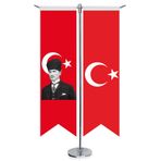 Atatürk - Ay Yıldız -Türk Bayrağı ve Türkiye - Kırlangıç - Saten T direk 2li Masa Bayrağı