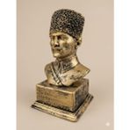 Atatürk Büstü, Kalpaklı Askeri Üniformalı, El Yapımı, Eskitme Dekoratif Heykel, 20cm (Altın)
