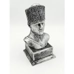 Atatürk Büstü, Kalpaklı Askeri Üniformalı, El Yapımı, Eskitme Gümüş Renk, Dekoratif Heykel, 20cm