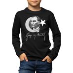 Atatürk Gazi Mustafa Kemal 10 Kasım Türk Bayrağı Baskılı Uzun Kollu Siyah Çocuk Tişört Siyah