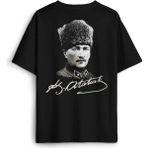 Atatürk Gazi Mustafa Kemal Kalpaklı Sırt Ön Baskılı Oversize Tişört Unisex T-Shirt - Siyah