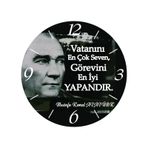 Atatürk Vatanını En Çok Seven Görevini En İyi Yapandır Çap 30cm Sessiz Akar Bombeli Gerçek Cam Duvar Saati Siyah