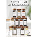 Atbyhome Akasya Kapaklı 12 Adet Cam Baharatlık Seti Baharat Takımı 120 ml - 16 Adet Etiket Hediyeli