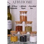 Atbyhome Bambu Silikonlu Kapaklı Borosilikat Cam Baharatlık - 250 ml Baharat Takımı 18 Parça