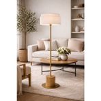 Atelier Naturel Ahşap Kaideli Bronze Gövdeli Modern Lambader Çift Katmanlı Krem Şapka
