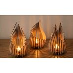Ateş 3'lü Tealight Mumluk Ahşap Mumluk + Led Pilli Mum Ham Mdf