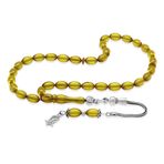 Ateş Kehribar Tesbih - 925 Ayar Gümüş Püsküllü - Mini Boy - Sarı Renk - Arpa Kesim