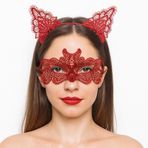 Ateş Kırmızısı Dantel Taç ve Maske Seti 10 No - Maskeli B &amp; Özel Gün Seti