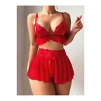 Ateşli Kırmızı Fırfırlı ve Dantelli 3 Parça Şortlu Babydoll Gecelik Takımı (tangalı) jb-00152