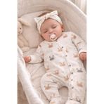 Atlas Baby House Organik Tavşan Figürlü Bandanalı Kız Bebek Patikli Yenidoğan Tulum - Ekru - 0 -3 Ay
