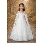 Atlas Kids Kız Çocuk Premium Beyaz Tül Abiye Gelinlik – Çiçek Detaylı Prenses Model (4-12 Yaş)
