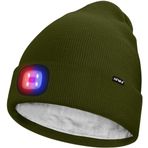 ATNKE Unisex LED ışıklı bere, şarj edilebilir USB 4 LED kırmızı ve mavi lambalar, yanıp sönen koşu beresi, sıcak tutan astarlı polar örgü bere, erkekler ve kadınlar için hediye, asker yeşili, Tek