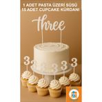 Atolye Doruk Beyaz 3 Yaş Doğum Günü Pasta Süsü- THREE Pasta Yazısı-3 Rakamı Cupcake Kürdanı -Bebek Doğum Günü