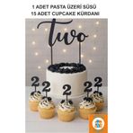 Atölye Doruk SİYAH 2 Yaş Doğum Günü Pasta Süsü- TWO Pasta Yazısı-2 Rakamı Cupcake Kürdanı -Siyah Beyaz Doğum Günü