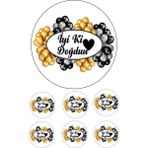 Atölye7 Tasarım Yenilebilir Pasta Resmi Iyi Ki Doğdun Modeli Gold Gümüş Siyah 6-8-10 Kişilik Pastaya Uygun 16 cm