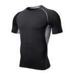 ATRACTIVOLL Erkek spor tişörtü, fitness, kısa kollu, nefes alır, aktif giyim, koşu tişörtü, fitness stüdyosu, hızlı kuruyan antrenman tişörtü, siyah+gri, S