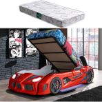Audi Kapıları Açılabilen Full Ledli Koltuklu Bazalı Arabalı Yatak, Kırmızı + Comfort Yatak - 90 x 190 cm
