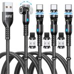 AUFU 9Pin Manyetik Şarj Kablosu (4Pack-3ft/3ft/6ft/6ft), 360°/180° Dönen Manyetik Telefon Şarj Kablosu, 3A Manyetik Hızlı Şarj Kablosu, Tip C/Micro USB/i-Ürün için USB Veri Aktarım Kablosu