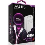 Auris 65 Watt Şarj Cihazı USB + USB C 3 Port Giriş Type C To Type C Şarj Kablosu Ultra Fast 65W Şarj Aleti Seti - Beyaz