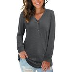Auselıly Henley Siyah Gri Uzun Kollu V Yaka Düğmeli Kadın T-shirt