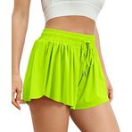AUTOMET Kadın 2'si 1 arada Akıcı Koşu Şortu Günlük Yaz Atletik Egzersiz Bisikletçi Şortu Yüksek Belli Spor Salonu Yoga Tenis Eteği, Neongreen, XL