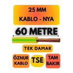 Avarson Öznur 25 MM NYA Enerji Kablosu, 60 Metre, Sarı-Yeşil