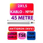Avarson Öznur 2x1,5 Antigron (NYM) Kablo, Gri, 45 Metre