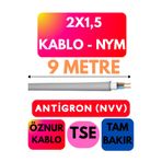 Avarson Öznur 2X1,5 Antigron (NYM) Kablo, Gri, 9 Metre