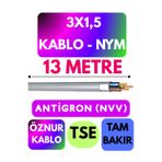 Avarson Öznur 3x1,5 Antigron NYM Kablo, 13 Metre, Gri
