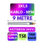 Avarson Öznur 3x1,5 Antigron NYM Kablo, 9 Metre, Gri