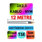 Avarson Öznur 3x2,5 Antigron NYM Kablo, 12 Metre, Gri