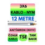 Avarson Öznur 3x6 NYM Antigron Kablo, 12 Metre, Gri