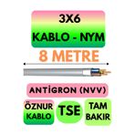 Avarson Öznur 3x6 NYM Antigron Kablo, 8 Metre, Gri