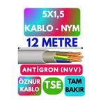 Avarson Öznur 5X1,5 Antigron NYM Kablo, 12 Metre, Gri