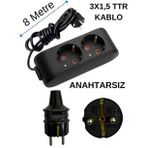 Avarson Topraklı Anahtarlı Kablolu İkili 8 Metre Siyah Priz