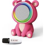 Avcı Teknoloji Market Pembe Ayıcık Figürlü Mini Karaoke Hoparlör Mikrofonlu Taşınabilir Kablosuz Ses Sistemi LED Işıkl