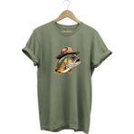 Avcılık Hunting Şapkalı Levrek Balığı Baskılı %100 Pamuk Regular Fit Bisiklet Yaka T-Shirt - 2XL - Haki