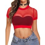 Avidlove Kadın Crop Top file seksi tişört kısa kollu file üst giyim yuvarlak yaka parti kıyafeti üst giyim basic tişört, Kırmızı, S